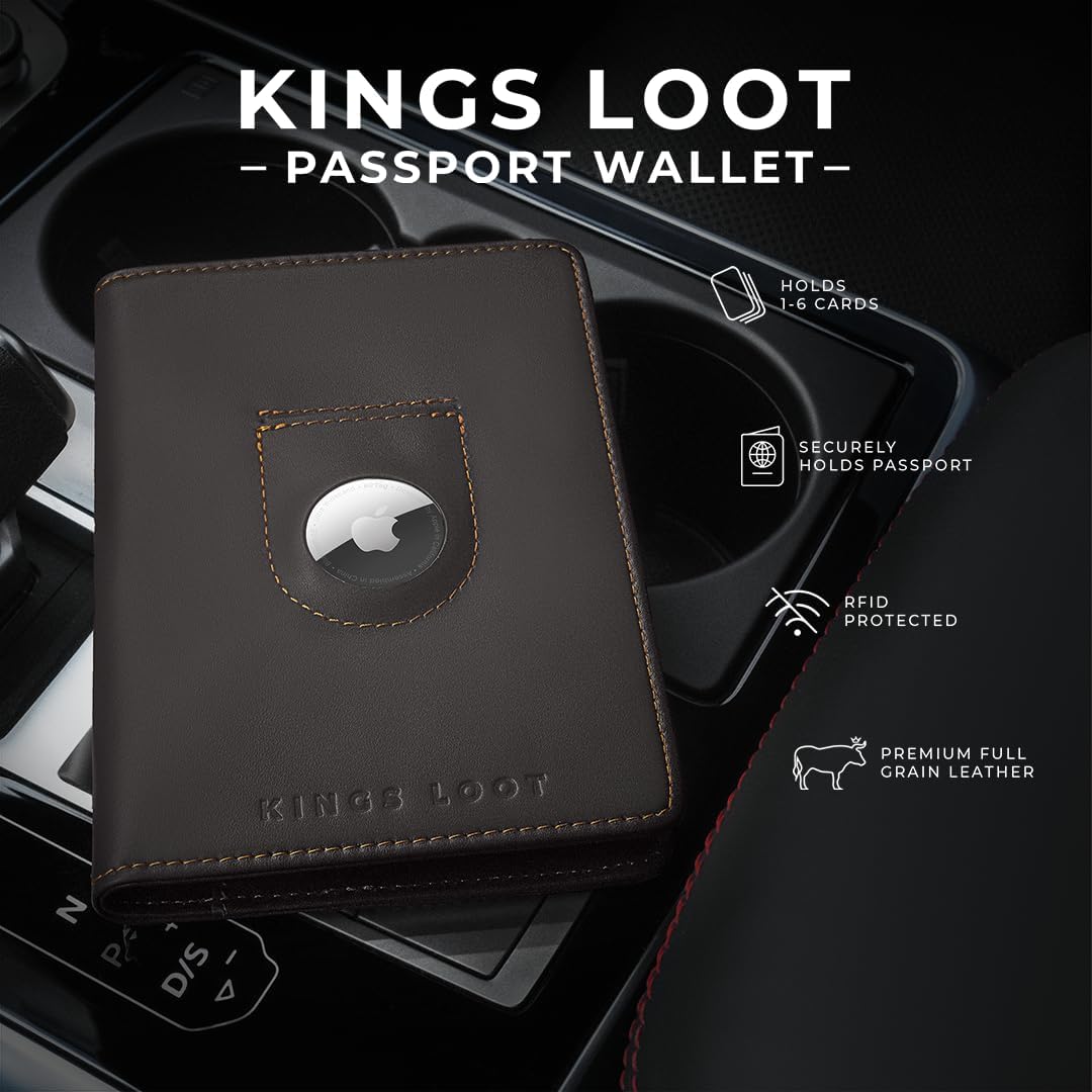Kings Loot Passport Holder Wallet | RFID Protected Leather Travel Wallet with Built-in Trackable Holder | Holds 1-6 Cards & Passport | Slim & Stylish Wallets (Truffle)