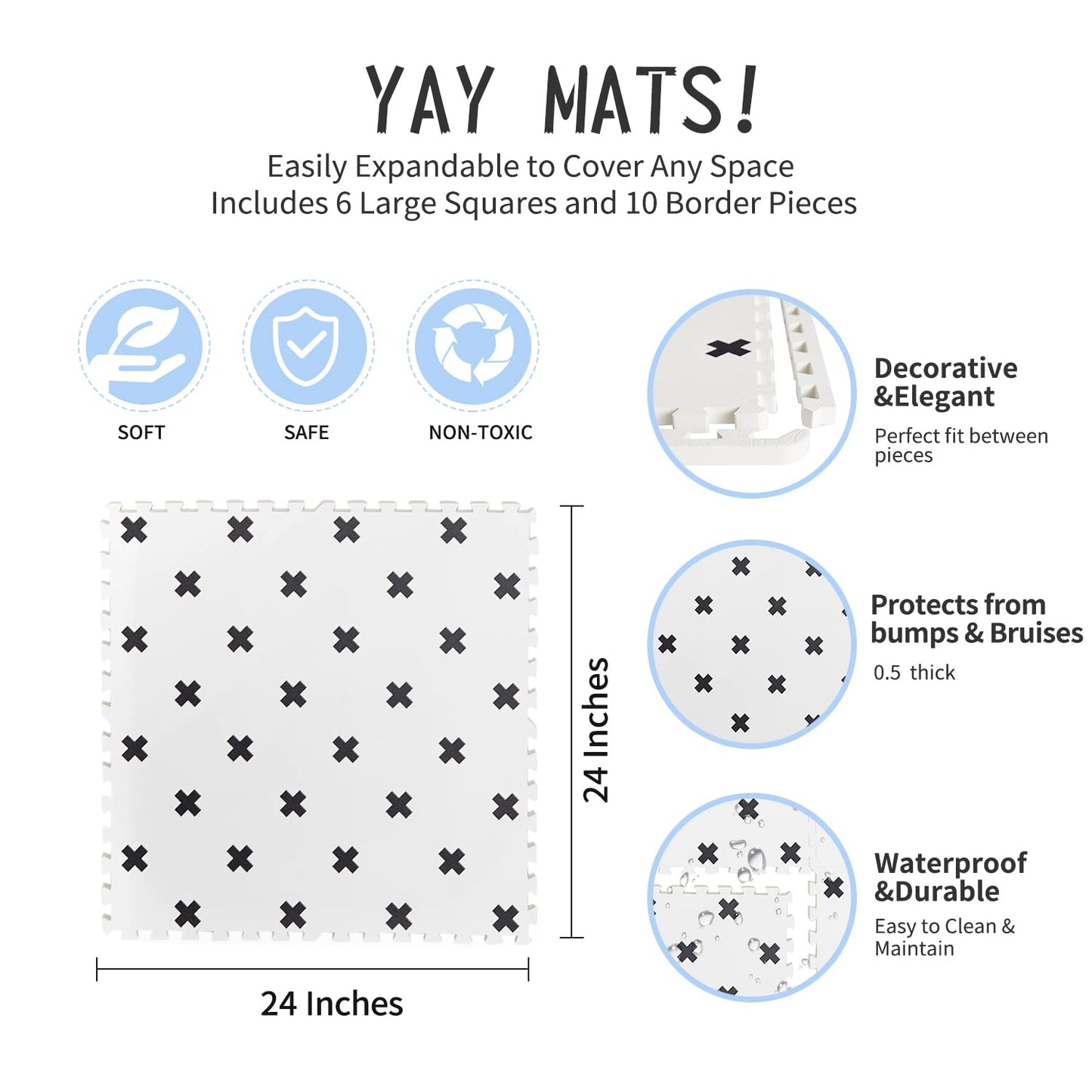 Yay Mats Stylish Extra Large Baby Play Mat. Soft, Thick, Non-Toxic Foam Covers 6 ft x 4 ft. Expandable Tiles with Edges Infants and Kids Playmat Tummy Time Mat (Brooklyn Cross White)