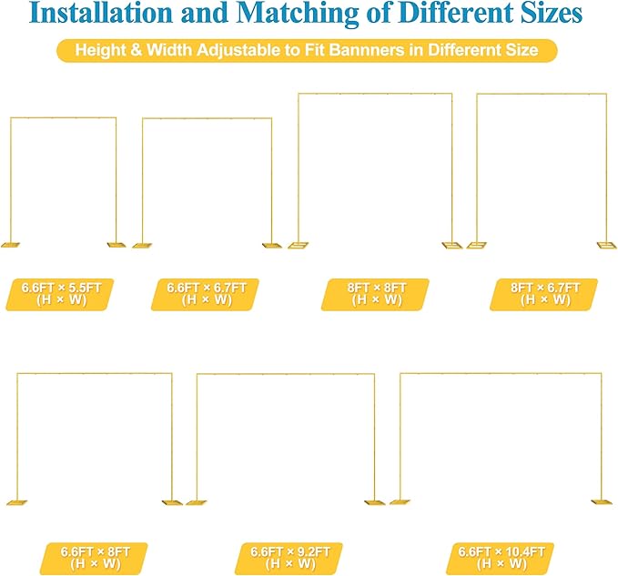 Fomcet 8FT x 8FT Backdrop Stand Heavy Duty with Base, Gold Portable Adjustable Pipe and Drape Backdrop Stand Kit, Square Metal Arch Party Frame for Wedding Birthday Parties Banquet Decorations