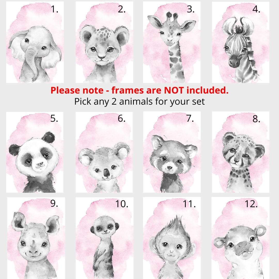 Safari Animals Set of 6 Unframed Poster Prints for Baby Girls Nursery Bedroom Playroom, Personalized Name, Choice of 12 Animals, Pink Purple (11x14)