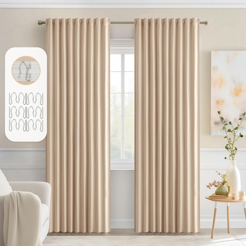 MIULEE Beige Back Tab Blackout Curtains 72 Inch Length 2 Panels Set for Living Room Bedroom Privacy, Rod Pocket/Pinch Pleat Thermal Insulated Room Darkening Pleated Light Blocking Drapes