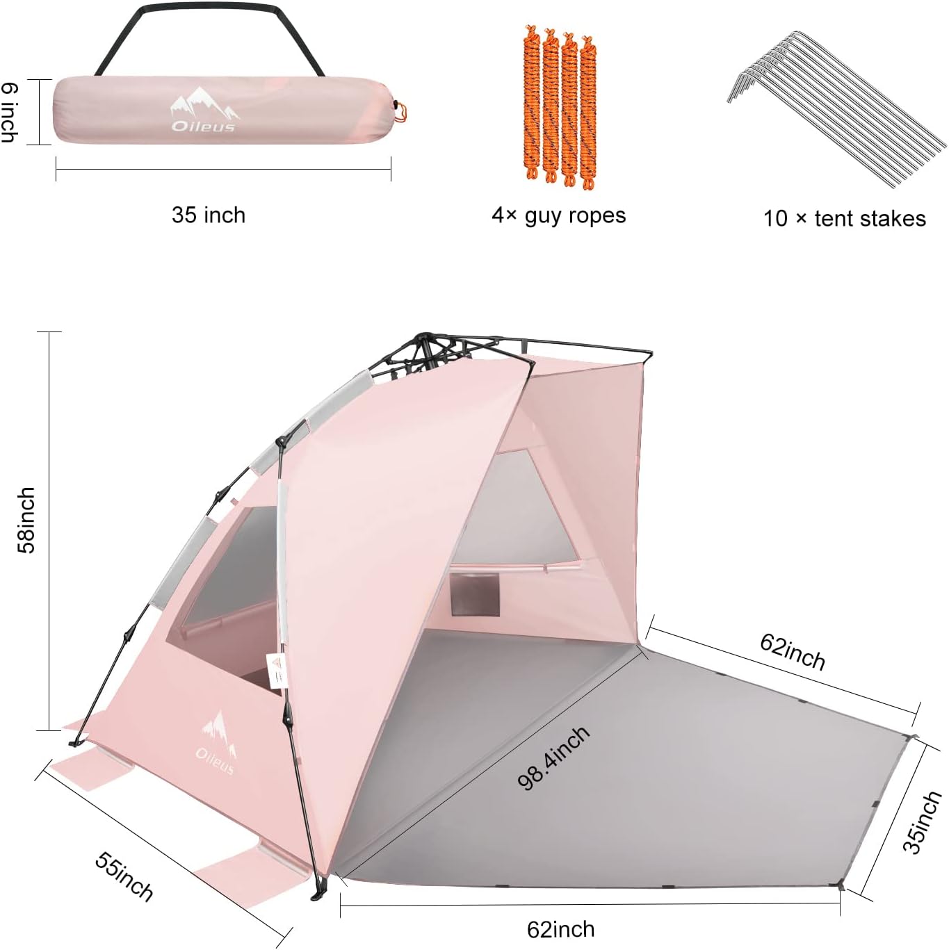 Oileus XX-Large Pop Up Beach Tent Sun Shelter for 5-6 Person Portable Sun Shade Instant Tent for Beach with Carrying Bag, Stakes, 6 Sand Pockets, Anti UV for Fishing Hiking Camping Pink