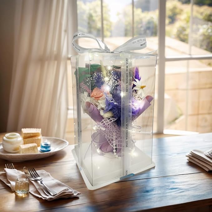 Preserved Flowers Bouquet Romantic Valentines Day Gift for Her LED Light 3 Preserved Real Rose for Delivery Christmas Mothers Day Birthday Gifts for Women Mother Wife Girlfriend (Purple)