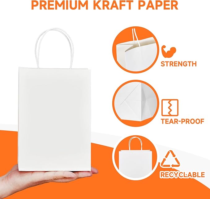 METAPRINT 50 Pack Small Gift Bags 5.8x3.2x8.25 Inch White Paper Bags with Handles Bulk, Kraft Paper Bags for Party favor, Retail, Grocery Sacks