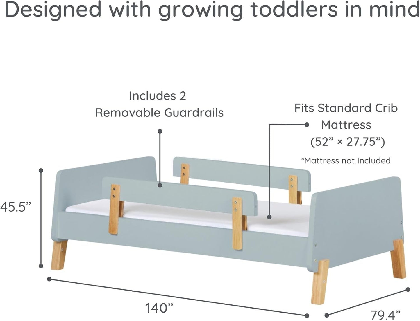 dadada Muse Blue Toddler Bed with 2 Removable Safety Rails. Low Profile Montessori Bed. Sturdy Solid Wood Frame, Fits Standard Crib Mattress, Easy to Assemble, Toddler Bed for Boys & Girls - Blue