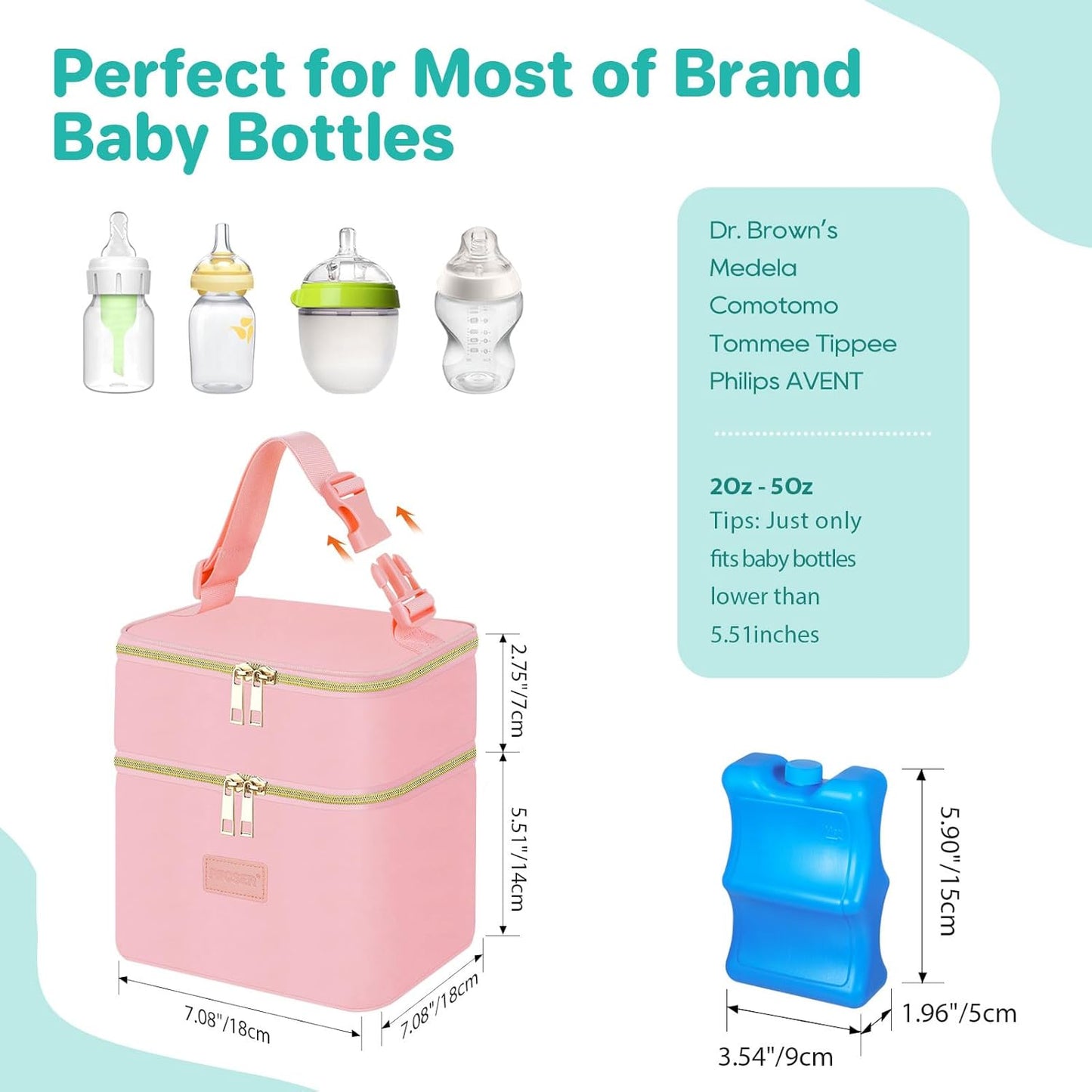 PIIOSER Breast Milk Storage Cooler Bag with Ice Pack, Fits 4 Baby Bottles Up to 5 Ounce, Small Insulated Breastmilk Cooler Travel Bag with Handle Buckle for Nursing & Working Mom Daycare(Pink-XS)