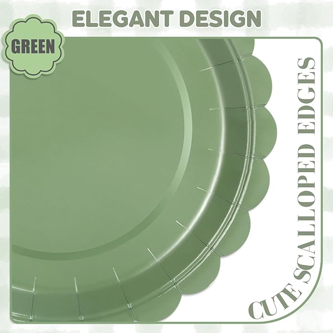 24 Pcs Sage Green Paper Plates 9 Inch Scalloped Dessert Plates - Disposable Sage Green Cake Plate - Baby Shower Birthday Party Wedding Bridal Party Supplies
