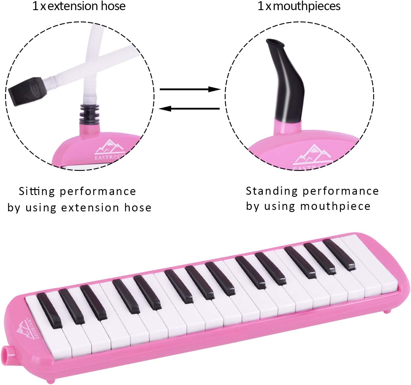 EastRock 32 Key Melodica Instrument Keyboard Soprano Piano Style with Mouthpiece Tube Sets and Carrying Bag for Kids Beginners Adults Gift Pink