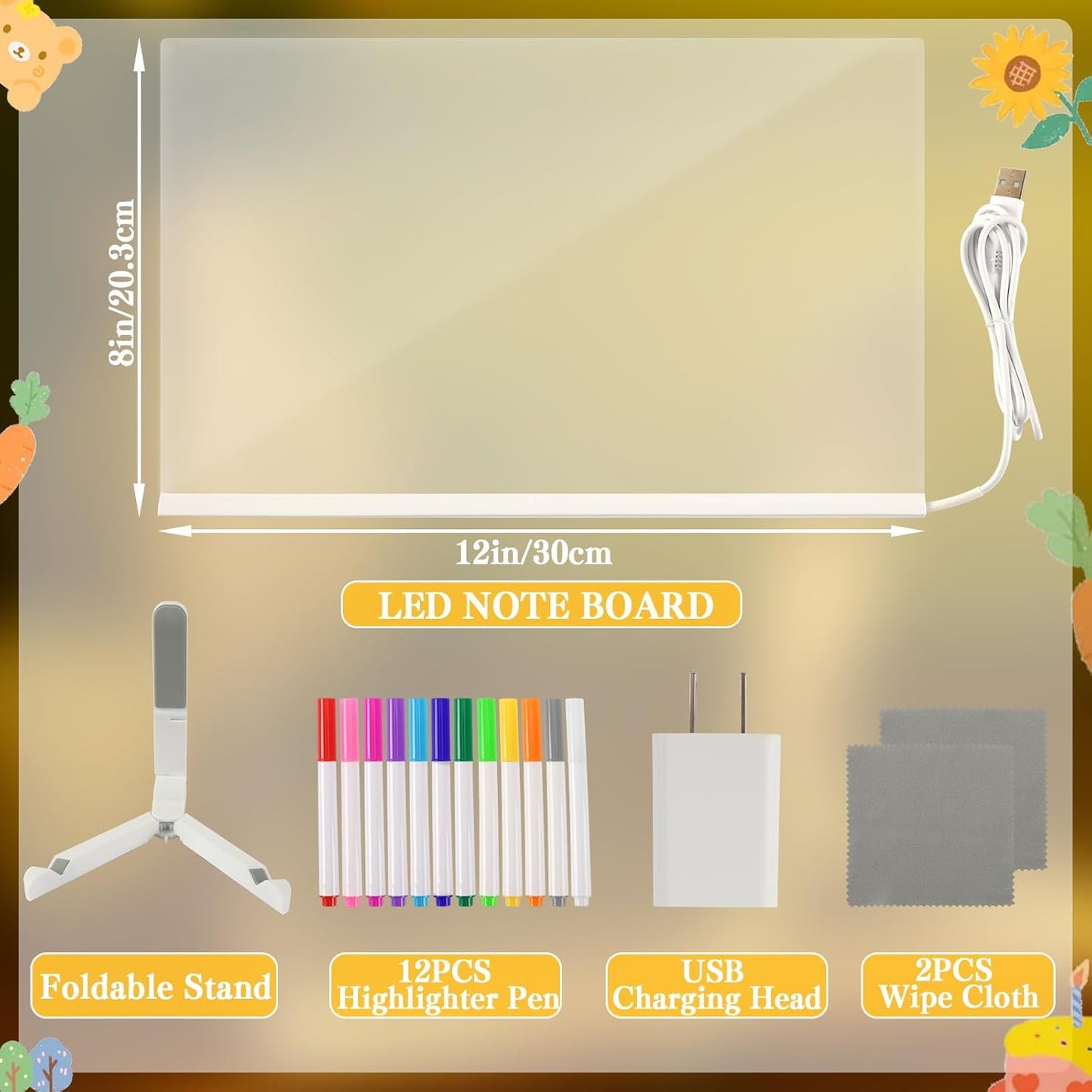 LED Note Board with Colors 12x 8inch, Glowing Acrylic Dry Erase Board with Light, Light up Acrylic Dry Erase Message Writing Board with 7 Markers Led Drawing Board for Holiday Gift