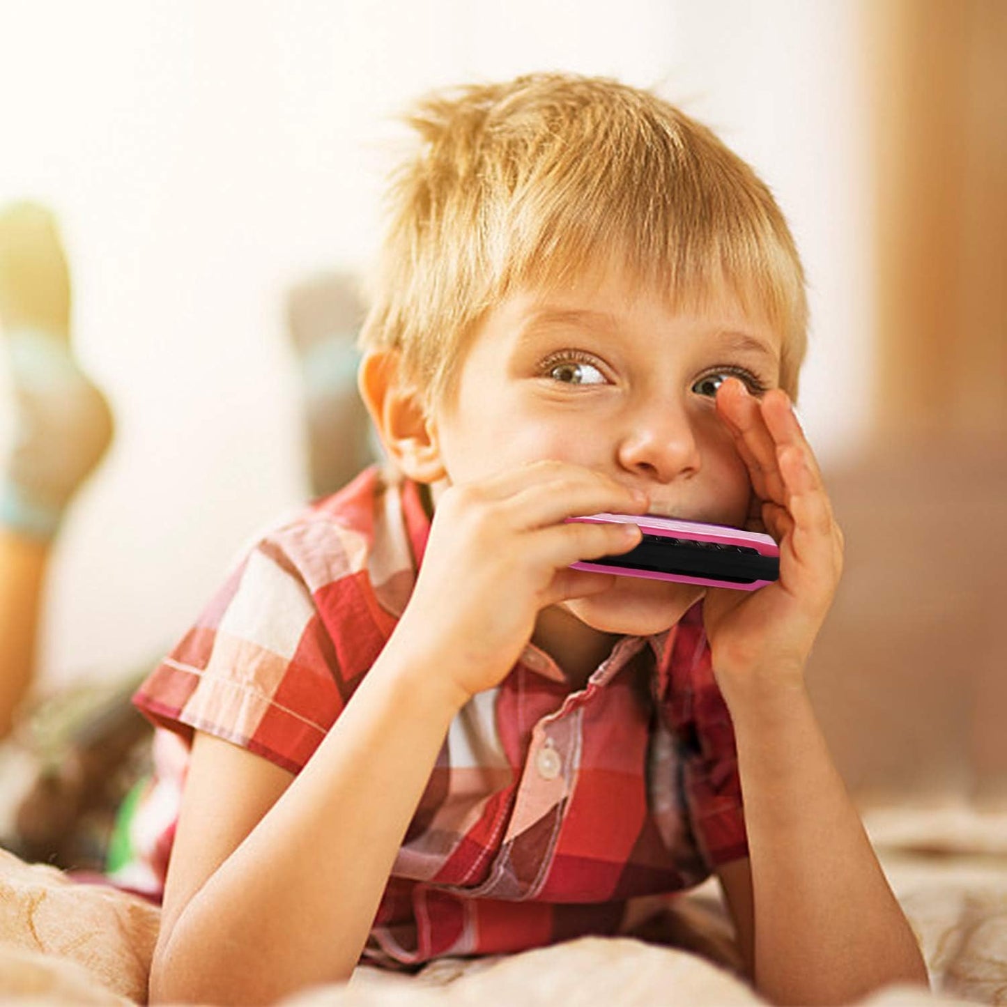 UPINS 4PCS Key of C Blues 10 Hole 20 Tones Titanium Color Harmonica with Case Cleaning Cloth for Beginner Students Kids (Gold, Pink, Silvery, Black)