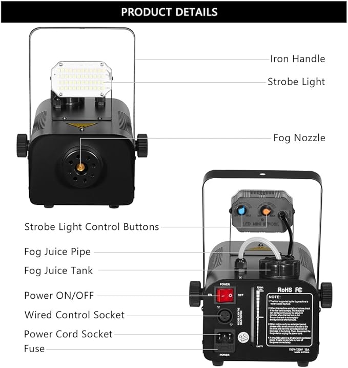 Fog Machine 1000W with Strobe Light, Wireless Remote, Perfect for Halloween, Parties, Concerts, and Events