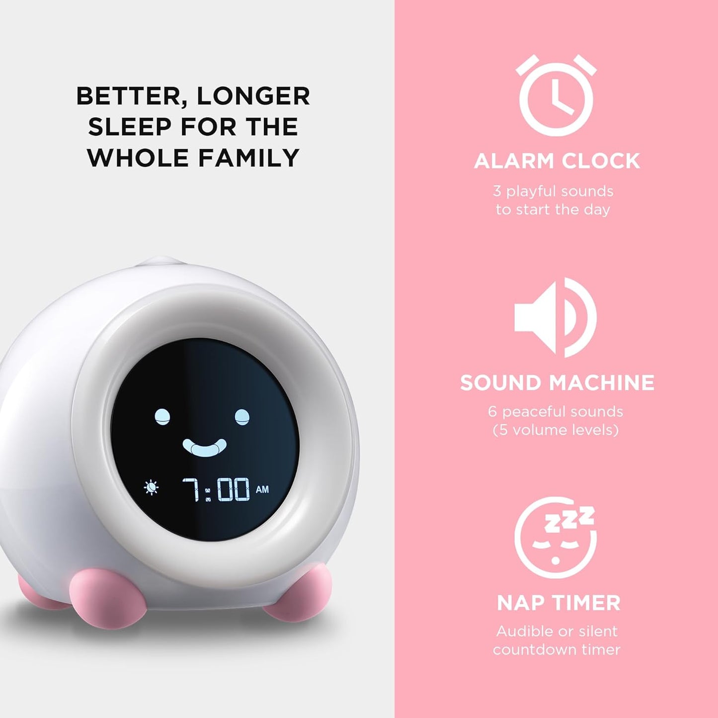 LittleHippo Mella: Kids Alarm Clock, Ready to Rise Children's Sleep Trainer, Night Light, Sound Machine and OK to Wake for Toddlers and Kids - Blush Pink (Updated 2025)