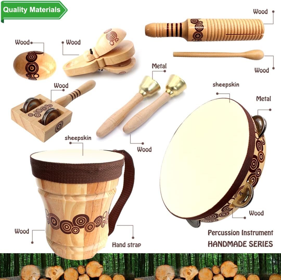 Wooden Musical Instruments Set for Kids,7 Types Percussion Set,Bongo Drum,Tambourine 8 inch...Natural Sheepskin Drumhead,Toddler Musical Toys,Gift for Rhythm Montessori Class Education
