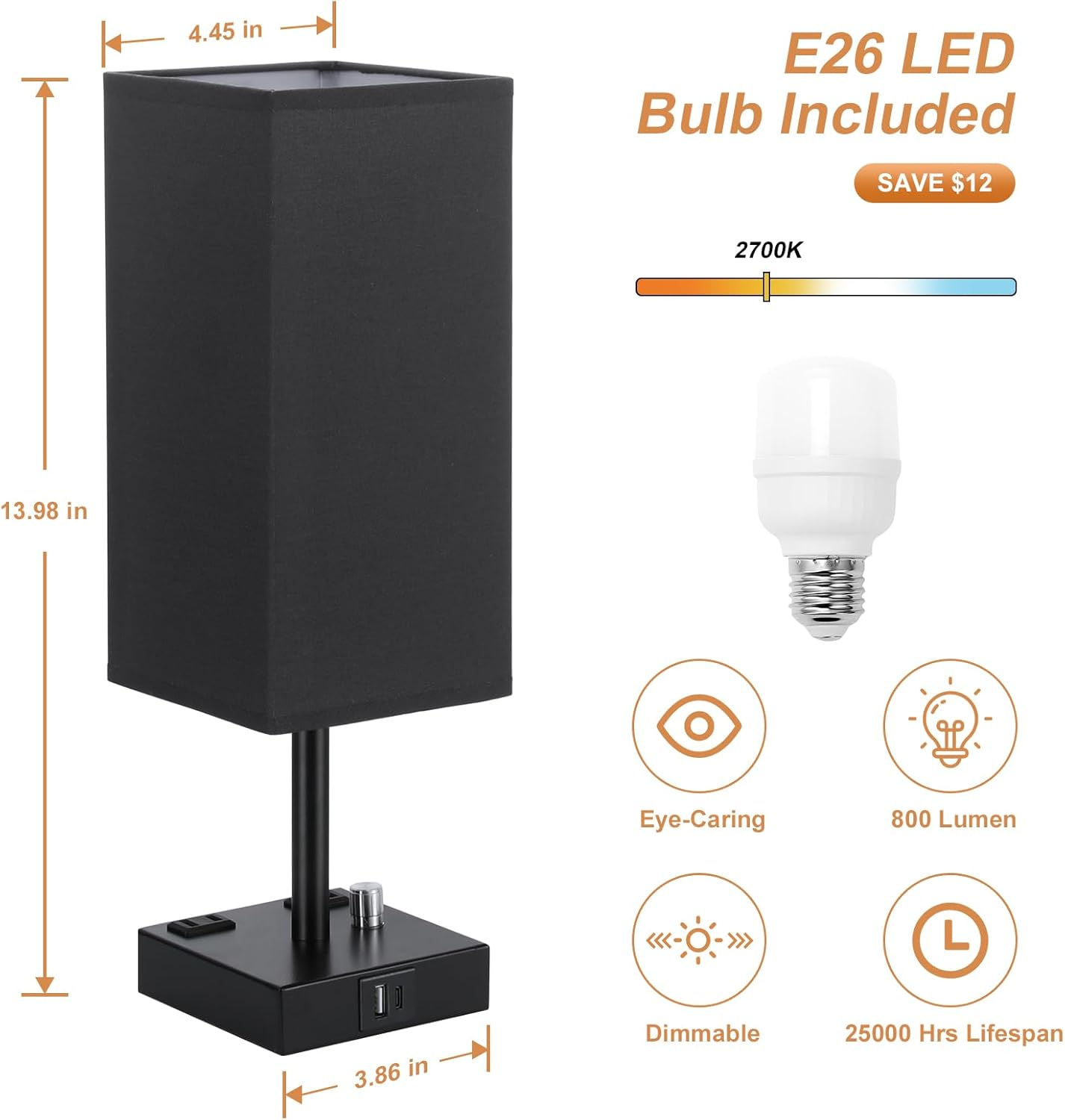 Black Fully Dimmable Nightstand Lamps Set of 2 - Table Bedside Lamp with USB C+A Charging Ports & 2 AC Outlets, Square Lamp Sets Linen Fabric Shade for Bedroom Living Room(Bulb Included)