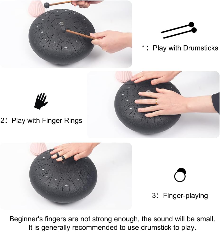 Rain Drum for Outside Garden,Steel Tongue Drum 12 Inches 15 Notes Musical Instruments, Handpan Drum Percussion Instrument, with Soft Bag, Music Book, 2 Mallets, for Meditation or Yoga (Black)