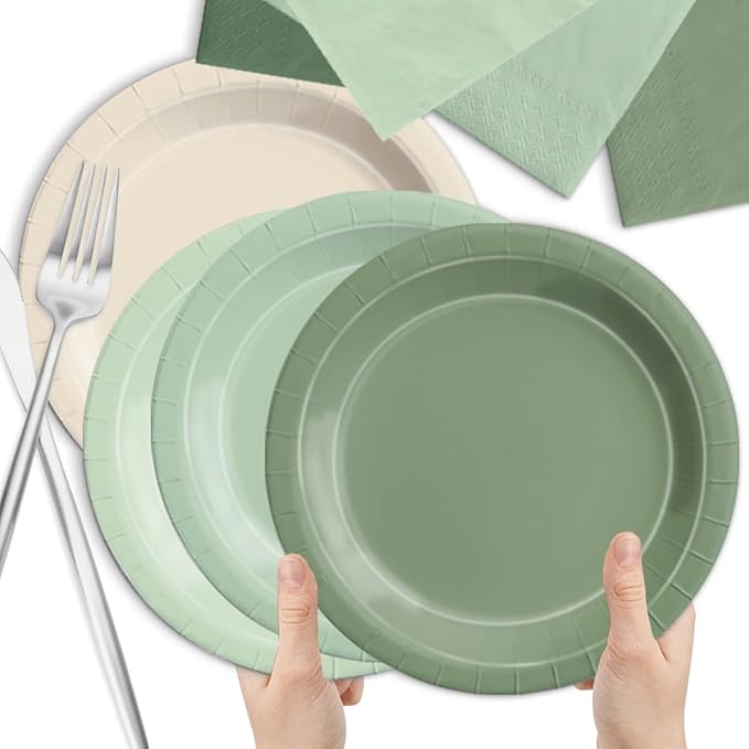 CMUSKO Sage Green Baby Shower Decorations - 60pcs Gradient Plates & Napkins Kit - Party Supplies for Birthday,Wedding