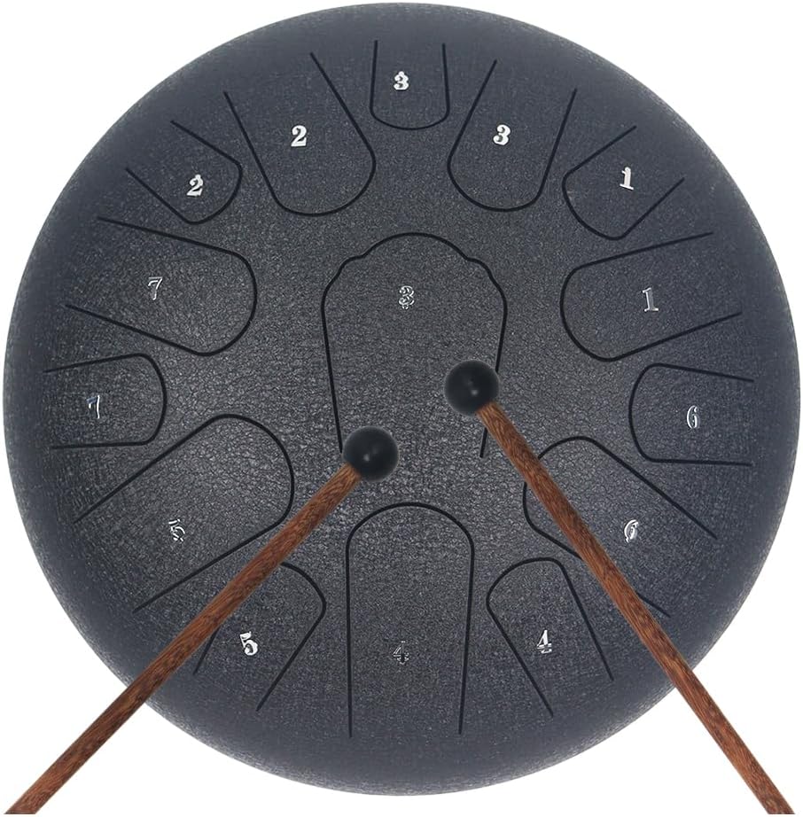 Rain Drum for Outside Garden,Steel Tongue Drum 12 Inches 15 Notes Musical Instruments, Handpan Drum Percussion Instrument, with Soft Bag, Music Book, 2 Mallets, for Meditation or Yoga (Black)