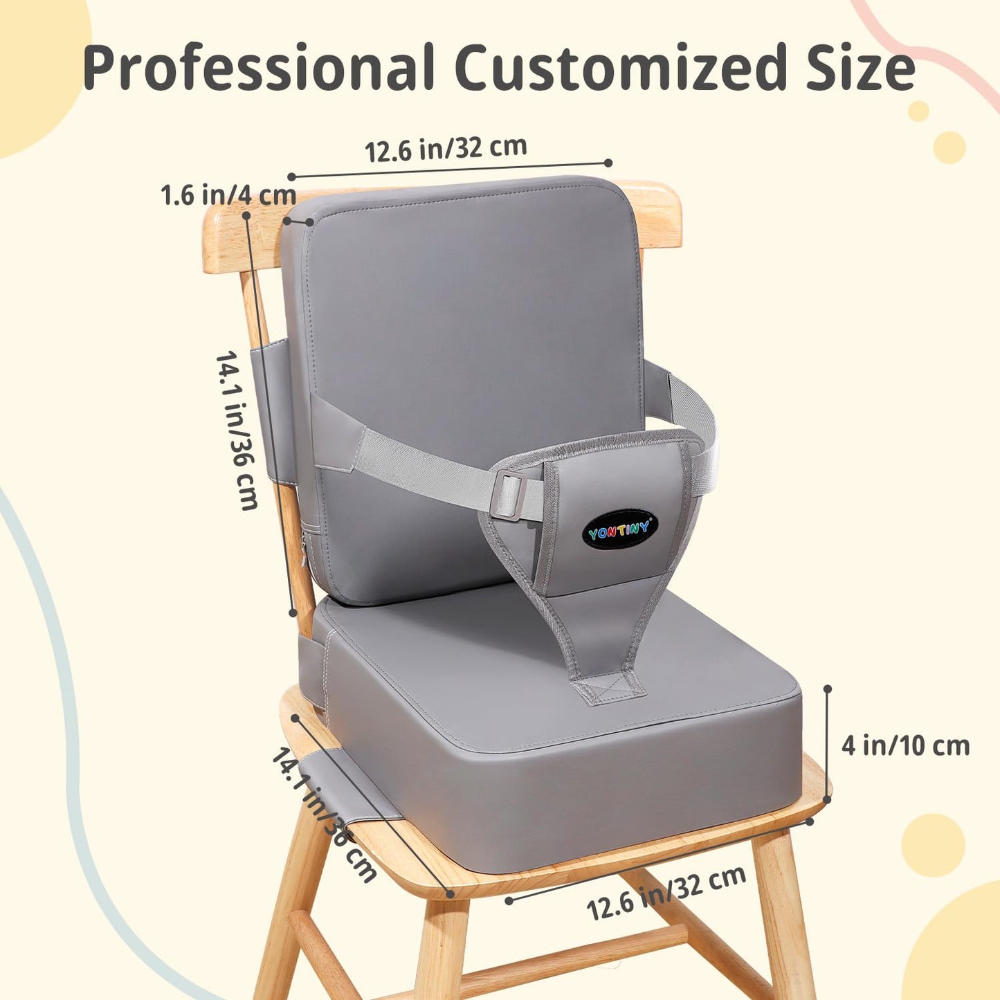 Toddler Booster Seat for Kitchen Chair, 2-in-1 Dining Table Booster Seat with Backrest & Adjustable Straps – Easy-Clean, PU Portable Toddler Eating Travel Increasing Cushion-Light Grey
