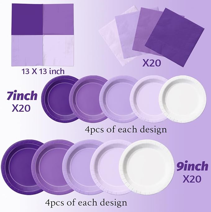 CMUSKO Lavender Party Supplies-60Pcs Purple Plates and Napkins Kit Gradient Light Purple Tableware for Birthday,Baby Shower,Wedding