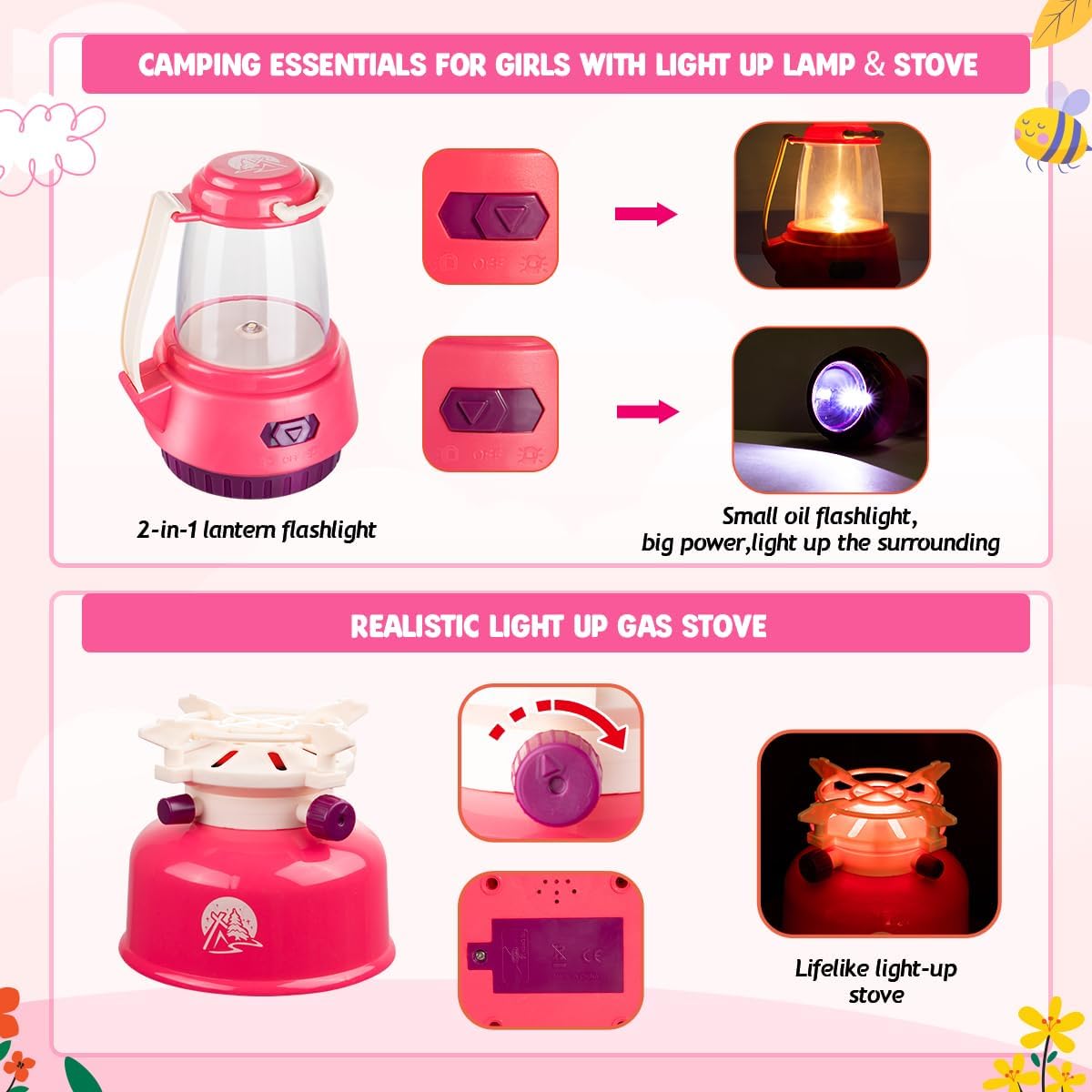 Meland Kids Camping Set for Girls - Camping Tent Toys for Girls Indoor Outdoor Pretend Play, Christmas Birthday Gift Idea for Toddler Girls Age 3,4,5,6 Year Old