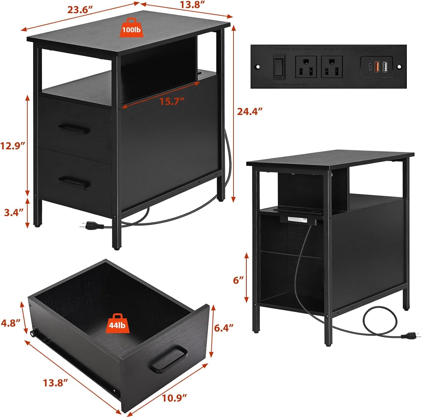 Black Side Tables, End Table with Charging Station, Narrow End Table with 2 Wooden Drawers, USB Ports and Power Outlets, Slim Nightstand and Bedside Table, End Tables Living Room, Bedroom