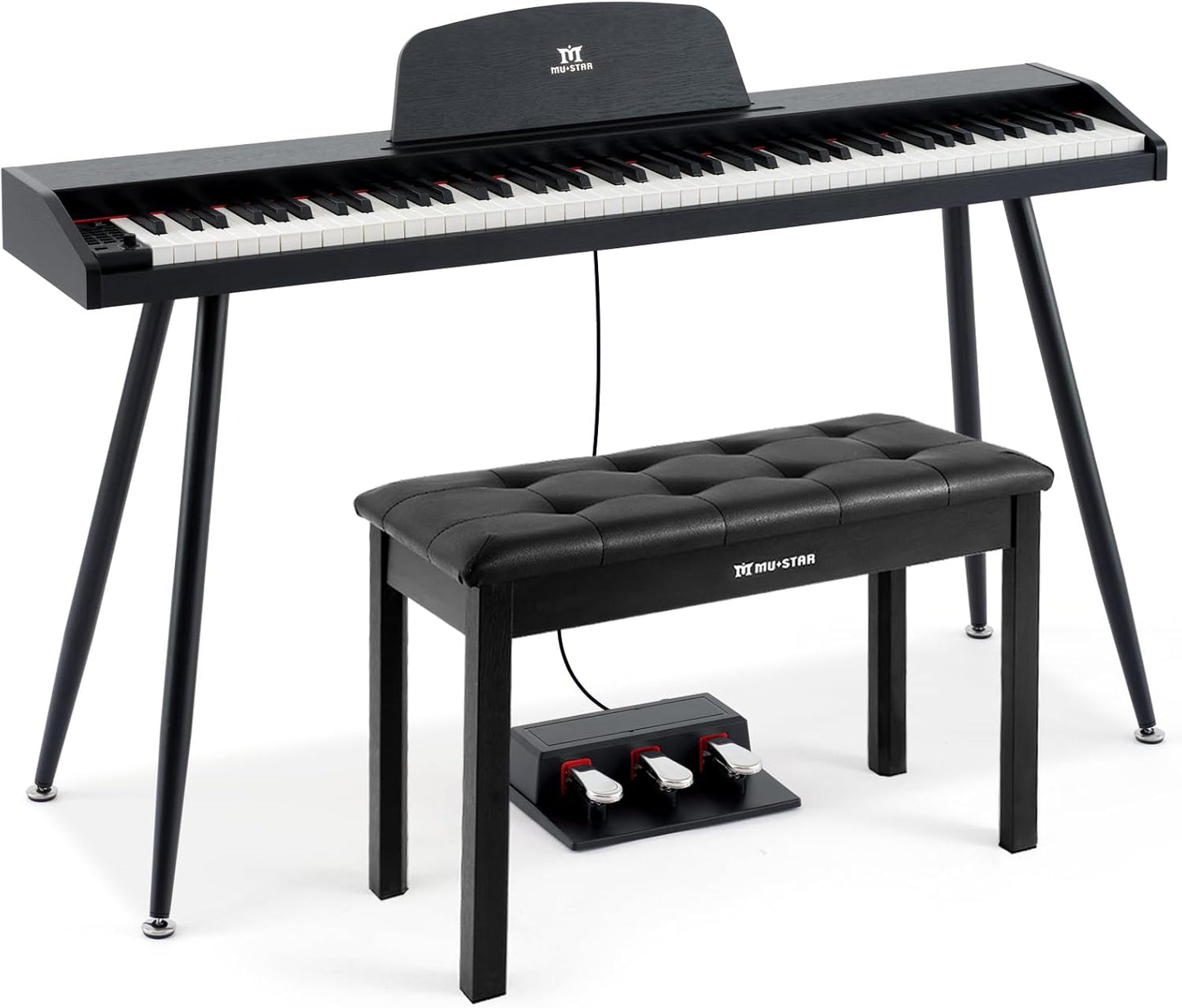 MUSTAR 88 Key Piano Keyboard with Piano Bench, Digital Piano 88 Semi Weighted Keys, Portable Electric Piano with Storage Stool, 3 Pedals, Built-In Speakers, USB/MIDI, Black