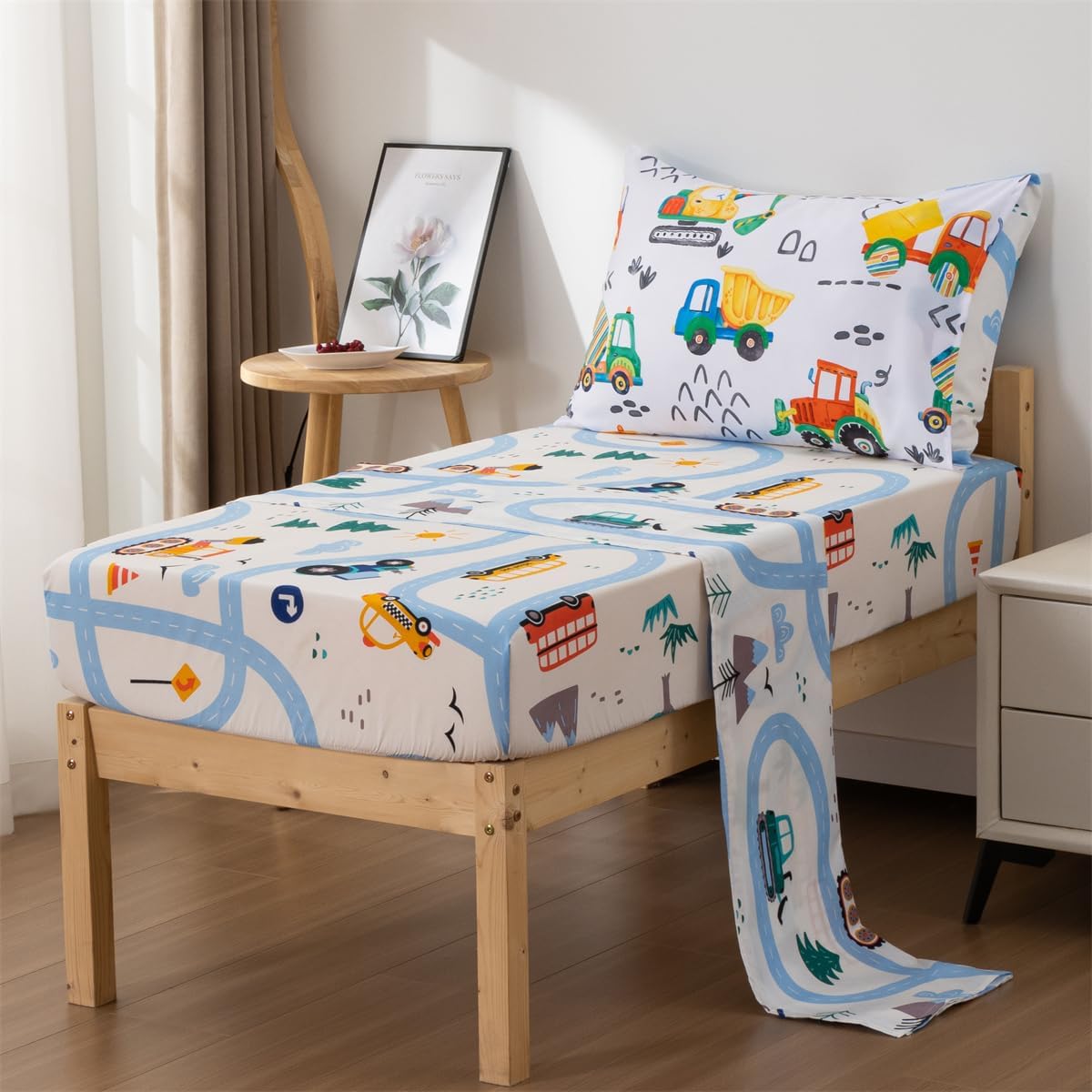 NTBED 4 Pieces Construction Toddler Bedding Set for Baby Boys,Watercolor Truck Vehicles Excavator Cars Printed, Includes Comforter, Flat Sheet, Fitted Sheet and Pillowcase,Multi