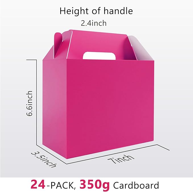 XAGLVV 24Pack Hot Pink Party Favor Treat Box Packs, 7 * 3.5 * 6.6 Inch Goodie Box with Handles, Gable Gift Boxes for Valentine's Day,Birthdays