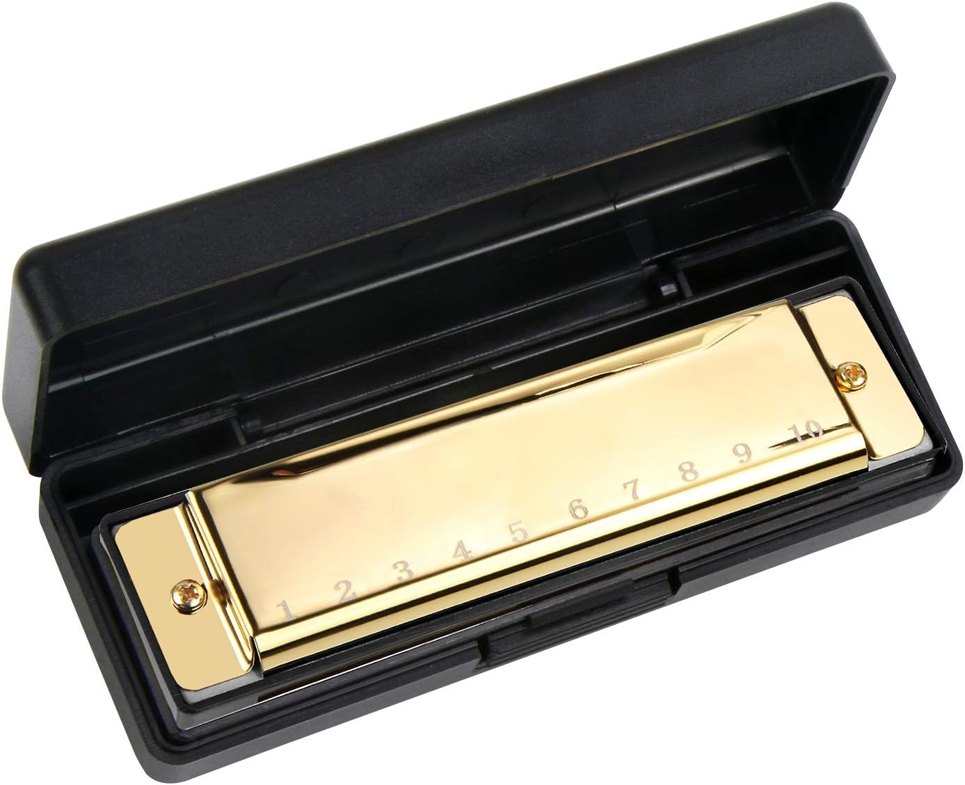 UPINS 4PCS Key of C 10 Hole 10 Tones Titanium Color Harmonica with Case for Beginner(Gold, Silvery, Black, Red)