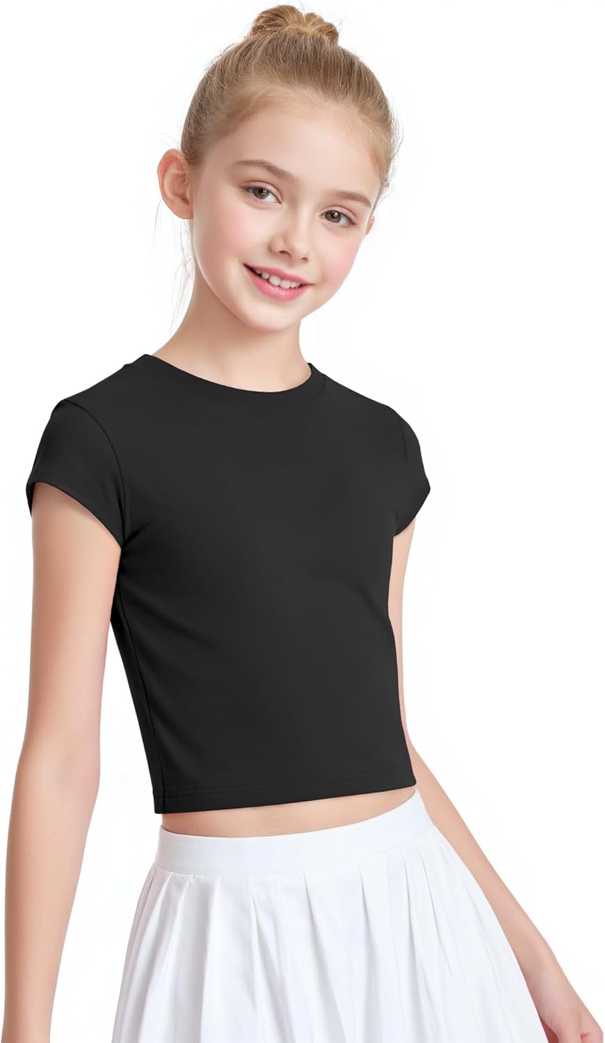 Auranso Girls Crop Tops Summer Short Sleeve Round Neck T Shirts Basic Tee for Kids