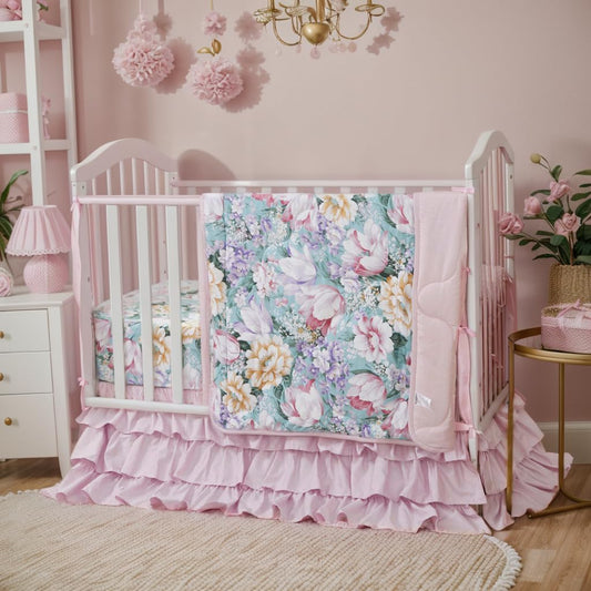 Brandream Crib Bedding Sets for Girls Garden Floral Nursery Set 3-Piece | Ruffled Baby Comforter, Crib Sheet and Tulle Lace Crib Bed Skirt, Green White