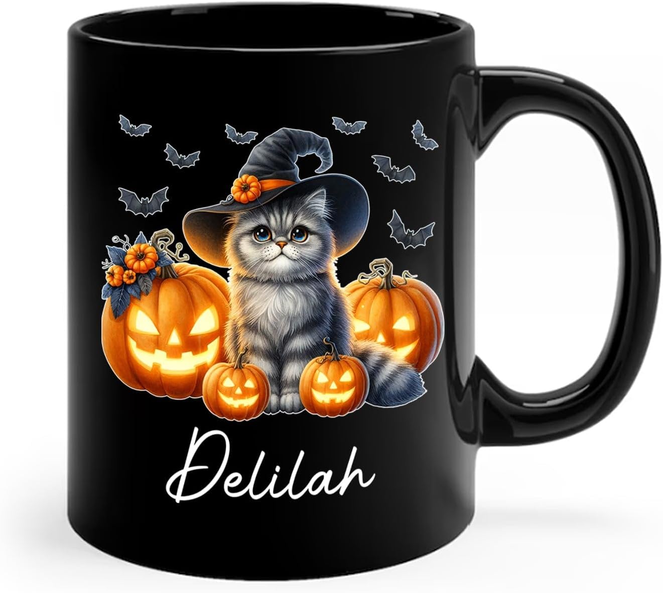 Customized Halloween British Longhair Mug with Name, Personalized British Longhair with Pumpkins Coffee Cup, Witch Cat Ceramic Mug, Pet Halloween Black Cup 11oz 15oz, Gift for Cat Dad Mom