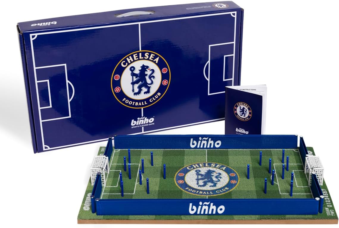 Binho Board Classic Board Game Chelsea Edition - 2-Player Fast-Paced Finger Flicker Pinball Family Board Games - Portable Tabletop Sports Game Set for Any Occasion