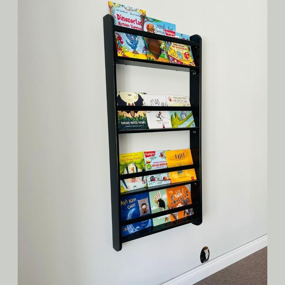 Handmade Solidwood Wall Mounted Montessori Kids Bookshelf, 4 Tier Book Display for Children Bedroom, Nursery Furniture Bookcase, Solid Wood Pine Tree Book Organiser for Living Room (Black)