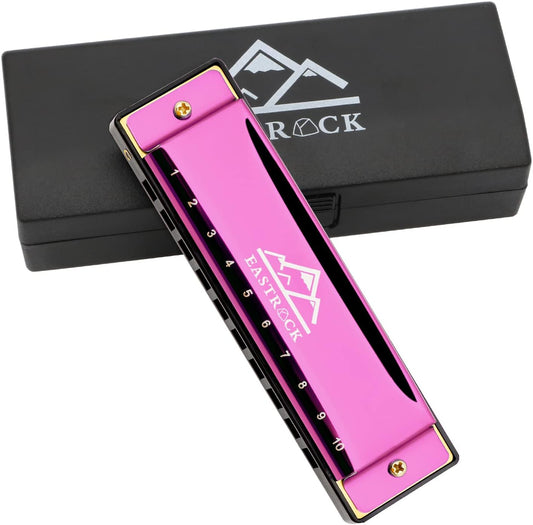 EastRock Blues Harmonica Mouth Organ 10 Hole C Key with Case, Diatonic Harmonica for Professional Player, Beginner, Students gifts, Adult, Friends, Gift(Pink）)