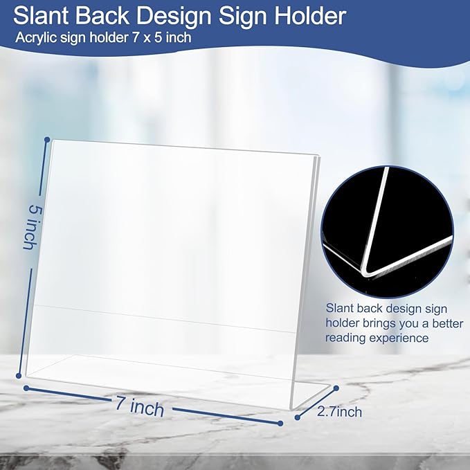 Slanted Back Acrylic Sign Holder 5 x 7 Horizontal, Clear Tabletop Acrylic Stands for Display 7 x 5, Plastic Paper Sign Holder for Office, Home, Restaurant (6 Pack 7x5 Inches)
