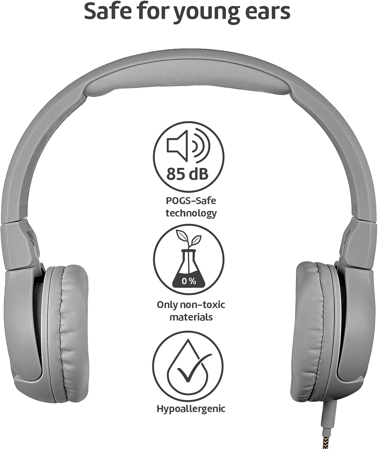POGS Kids Wired Headphones | The Elephant 2 | Adjustable, Durable Headphones for Kids 3+ | Limited to 85 dB, Microphone | On-Ear | Music-Sharing Function Safe 3.5mm Audio Cable (3.2ft) (rGrey)