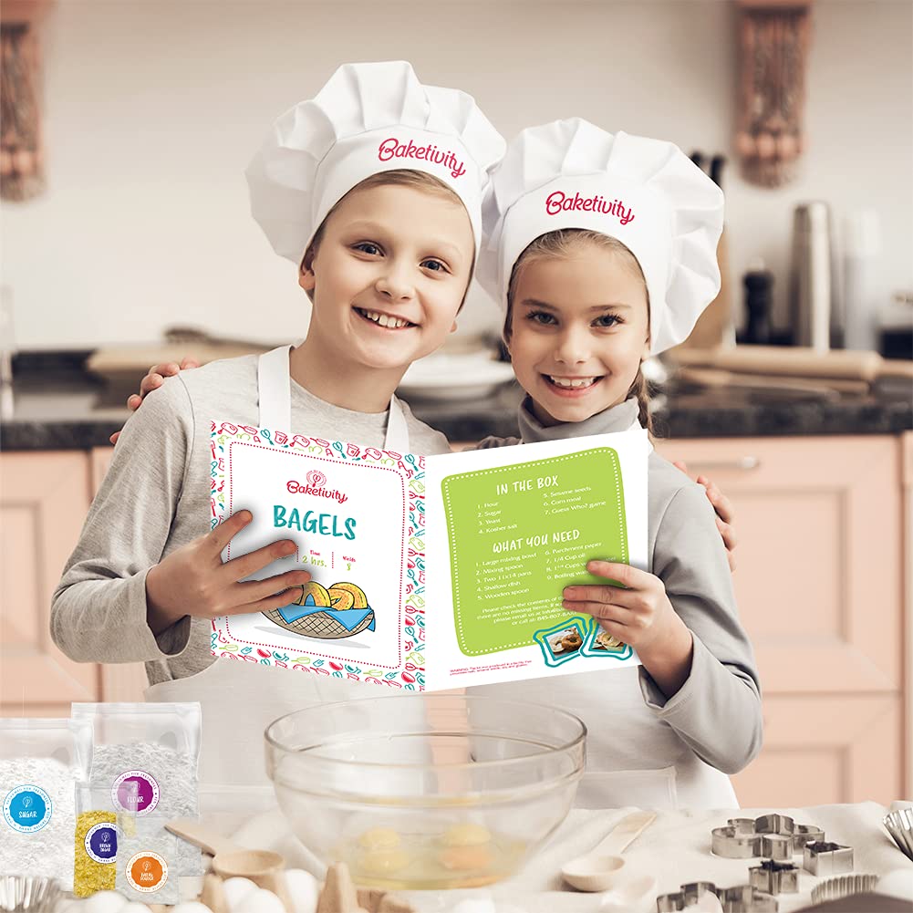 Baketivity Kids Baking Set, Meal Cooking Party Supply Kit for Teens, Real Fun Little Junior Chef Essential Kitchen Lessons, Includes Pre-Measured Ingredients (Baketivity Kit, Bagels)