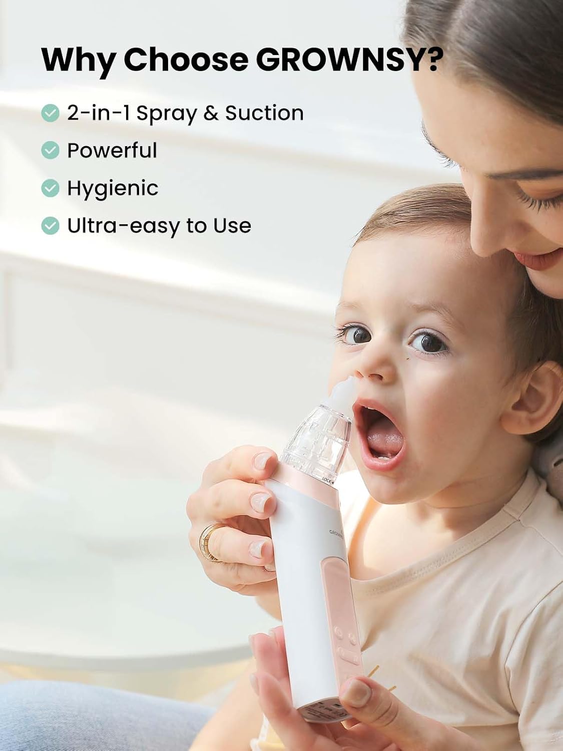 GROWNSY Nasal Aspirator for Baby, 2-in-1 Electric Nose Spray & Suction, Baby Nose Sucker with Powerful Suction, Music and Light Soothing Function, Pink
