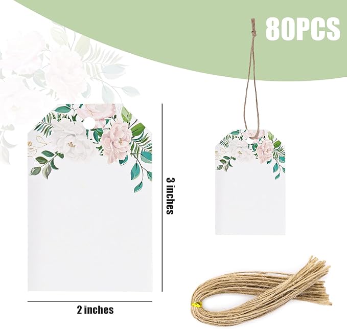VGOODALL 80PCS Gift Tags with String Attached, 2 x 3 inch Floral Design Gift Tag for Presents, Bridal Shower, Wedding Birthday, Baby Shower