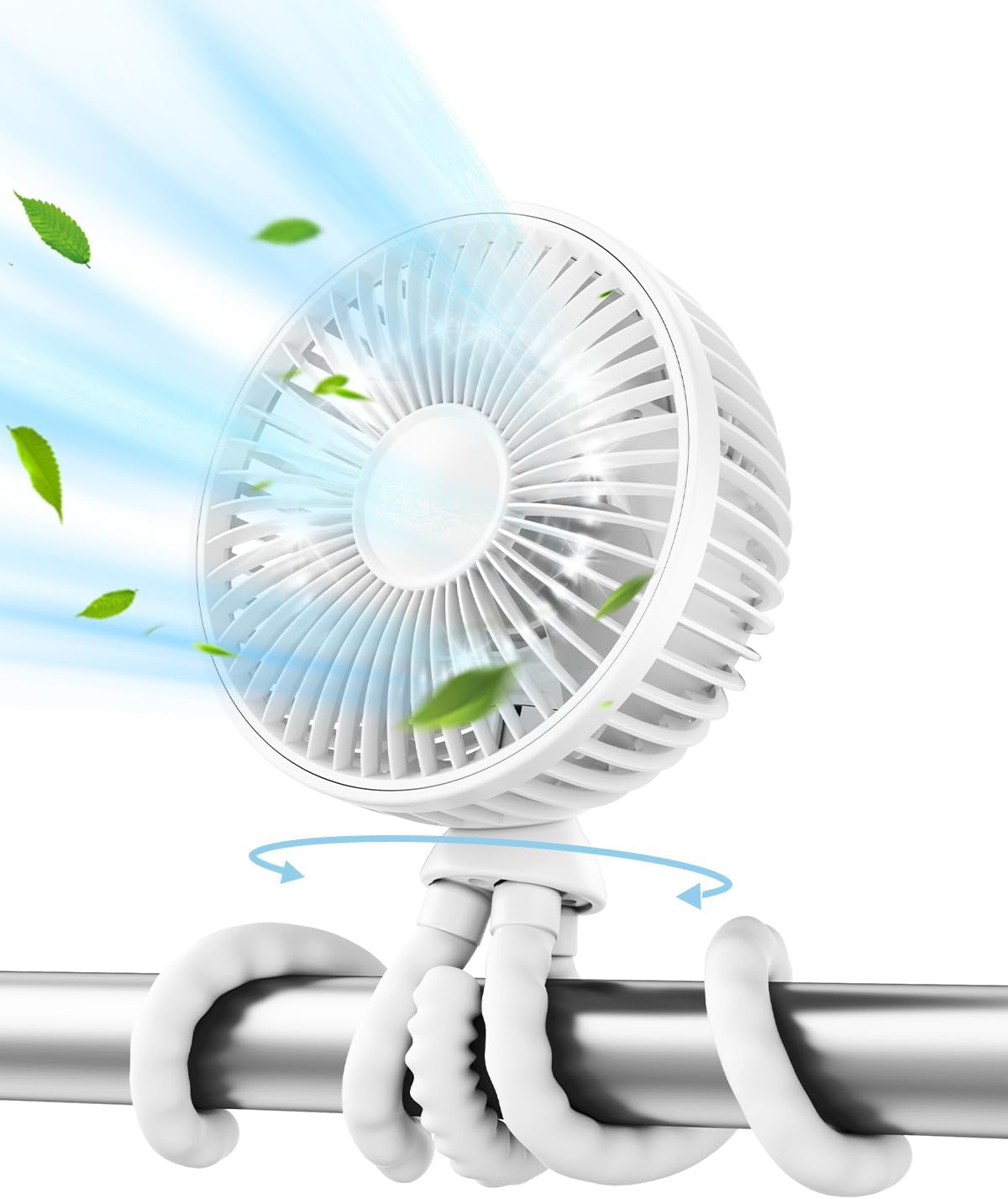 Gaiatop Oscillating Baby Stroller Fan with LED Night Light, 4 Speeds Cooling Rechargeable 360° Rotate Clip On, Battery Operated Small Portable Fans for Car Seat Crib Treadmill Travel