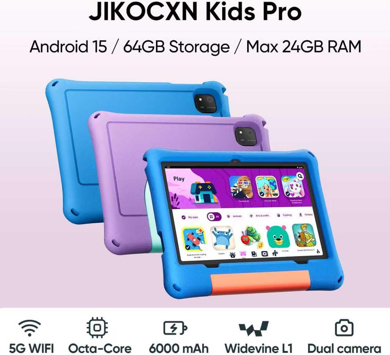Kids Tablet, Android 15 Tablet for Kids 10 inch Octa-Core with Case, 24GB RAM 64GB ROM 1TB TF Card Expandable for Toddler Children, Parental Control, Dual Camera, BT5.0, WiFi, Gift (Purple)
