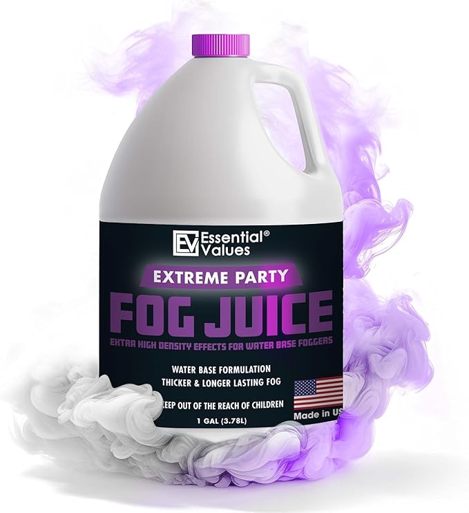 Essential Values Fog Machine Fluid - Extreme High Density Fog Juice (128 FL OZ / 1 Gallon) – White-Out Conditions for Water Based Foggers Designed for 700 Watts+ - Manufactured in USA