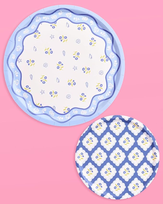 xo, Fetti Blue Coastal Paper Plates | 32 pcs, 2 sizes | Nautical Bachelorette Decorations, Seaside Dinner Party Setting, Beach Birthday Decor, Floral Tablescape