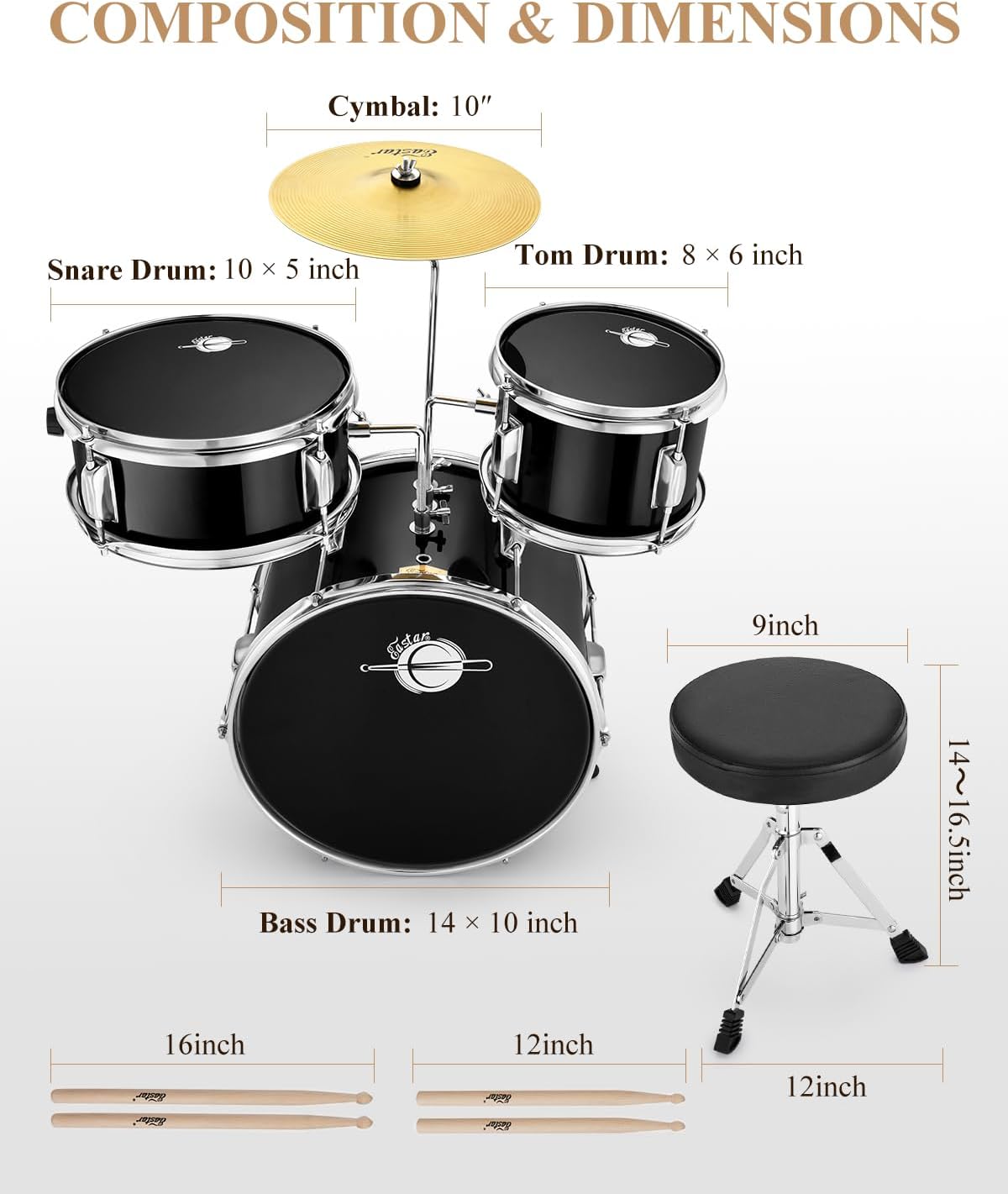 Eastar Drum Set 14'' for Kids Beginners,3 Piece with Bass Tom Snare Drum,Adjustable Throne, Cymbal, Pedal & Two Pairs of Drumsticks, Metallic All Black