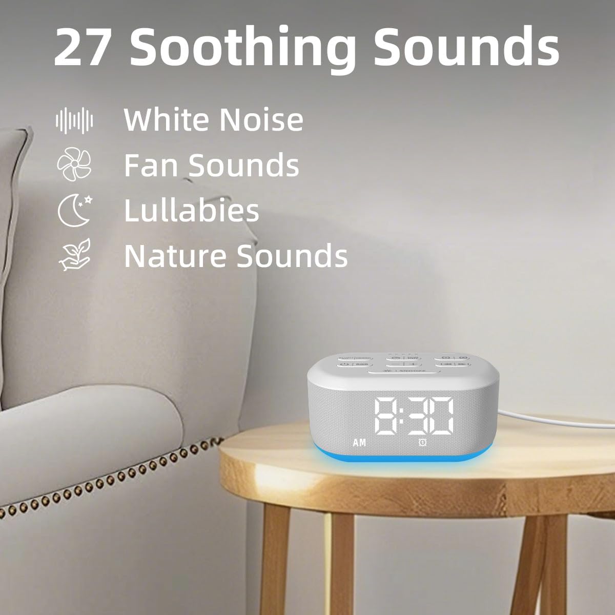 Small Digital Alarm Clock Sound Machine for Bedrooms Brown Noise White Noise Machine Night Light Plug in Desk Clock with 30 Wake up Sounds Alarm Clock for Kids Heavy Sleepers Snooze 32 Levels Volume