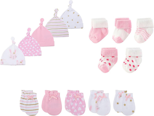 15 Pack Unisex New Born Boy Girls Hats Mittens Socks Sets Cotton Soft Infant Accessory 0-6 Months Baby Essentials