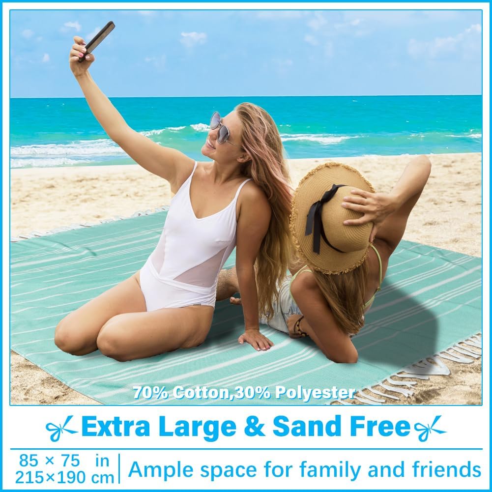 Oversized Turkish Beach Towel Blanket XXL Cotton Sandproof Towels Boho Woven Extra Large Big Sand Free Giant Throw Thick Blankets Huge Quilt XL Picnic Camping Necessities Cloud For Adult Gifts Aqua