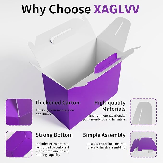 XAGLVV 24Pack Purple Boxes,Party Favor Boxes Packs 7 x3.5x 6.6 Inches, Purple Gift Boxes With Handles, Favor B oxes for Party, Baby Shower, Birthday,Weddings and more.
