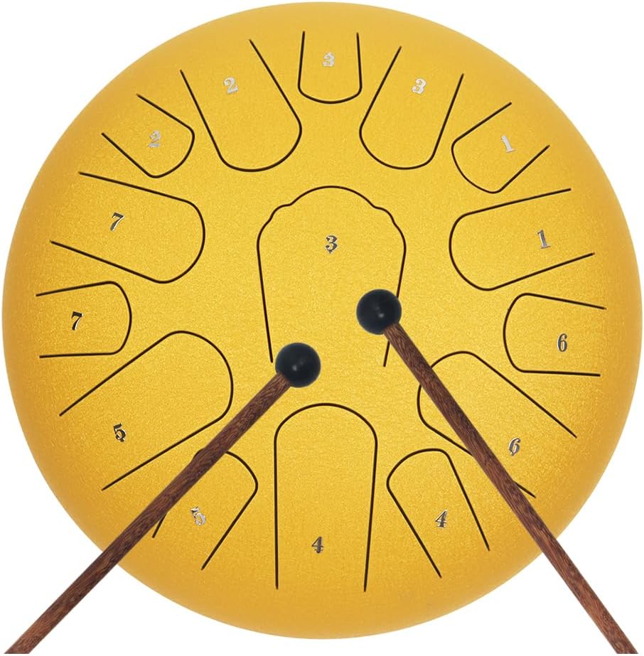 Rain Drum for Outside Garden,Steel Tongue Drum 12 Inches 15 Notes Musical Instruments, Handpan Drum Percussion Instrument, with Soft Bag, Music Book, 2 Mallets, for Meditation or Yoga(Yellow)